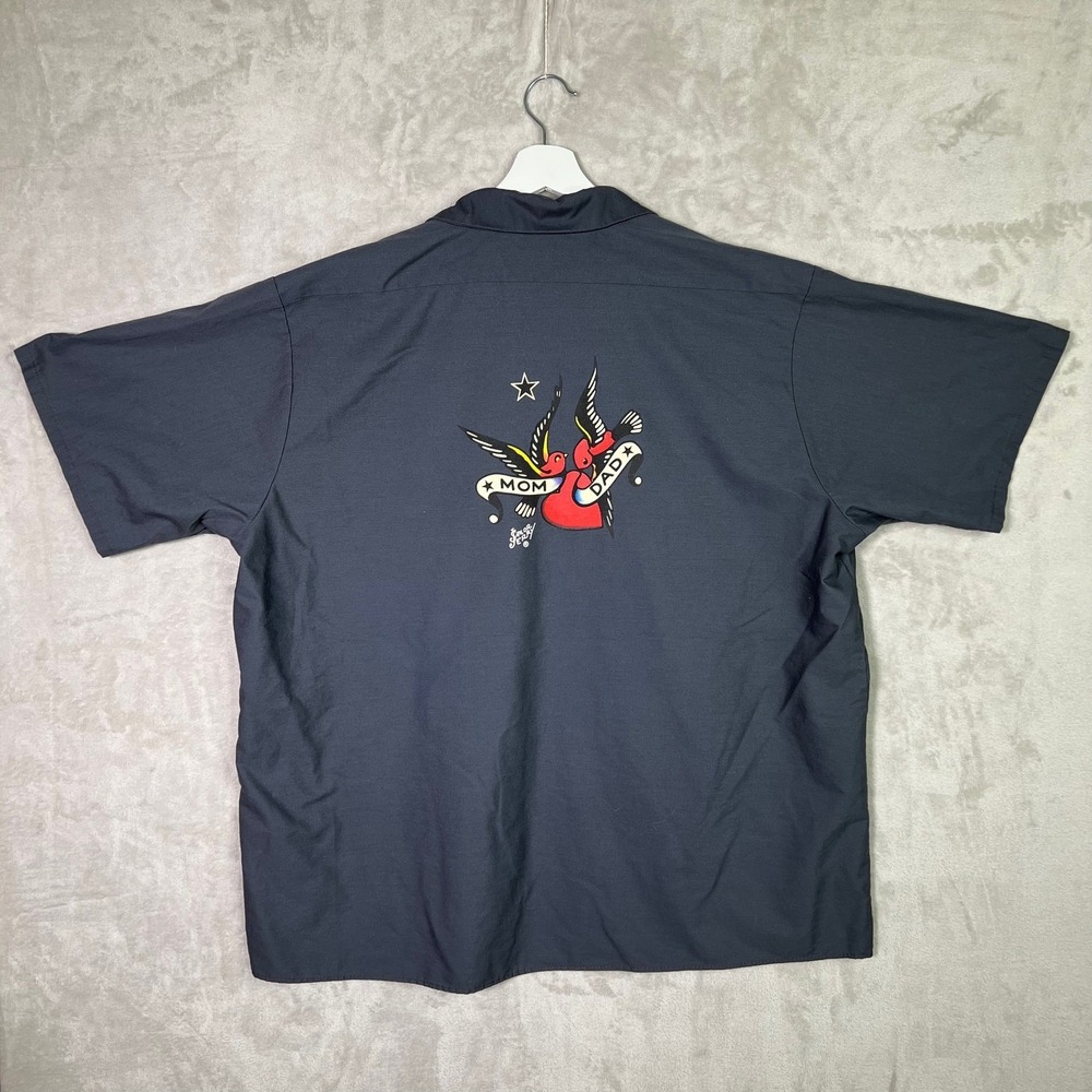Sailor Jerry Red Kap Work Shirt Button Front Mens 3XL Mom Dad Swallow Heart